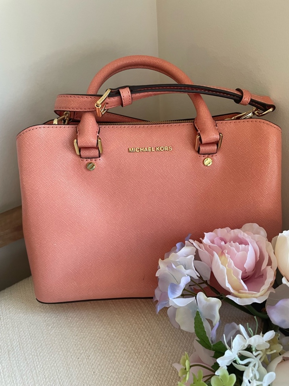 Michael Kors Coral Pink Saffiano Satchel with Gold Hardware